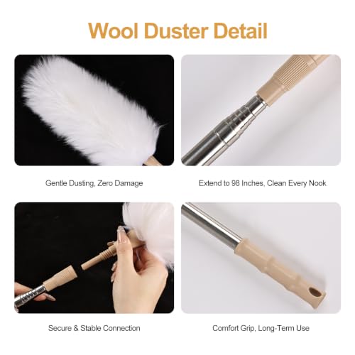 White Lambswool Extendable Duster, 32-98 Inch Bendable Wool Head with Anti-Static Properties and Stainless Steel Extension Pole for Ceiling Fans, High Walls, and Roof Dusting(one Pack) - size: white wool