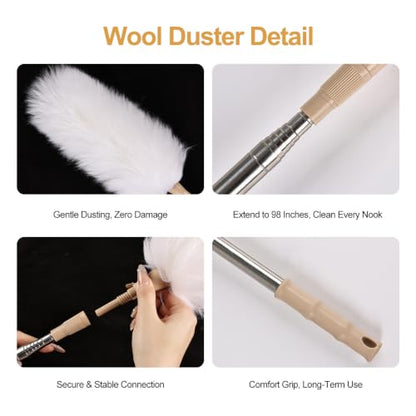 White Lambswool Extendable Duster, 32-98 Inch Bendable Wool Head with Anti-Static Properties and Stainless Steel Extension Pole for Ceiling Fans, High Walls, and Roof Dusting(one Pack) - size: white wool