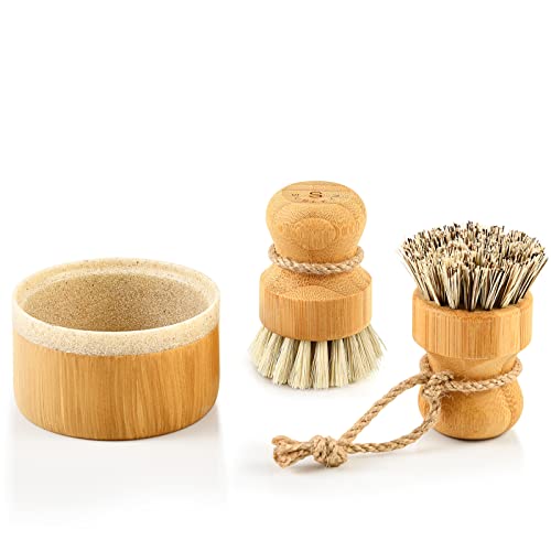 SUBEKYU Bamboo Dish Scrub Brush,Produce Brush,2 Pack with Holder - color: Sandstone Base +Sisal 1p+palm 1p, size: Regular size