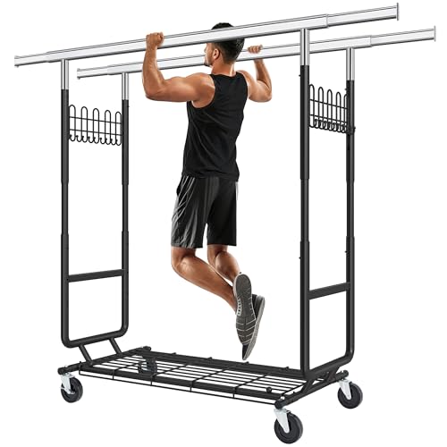 Gewudraw Clothes Rack Heavy Duty Load 900 Lbs With Wheels, Double Rod,Black - color: Black, style: Double Rod