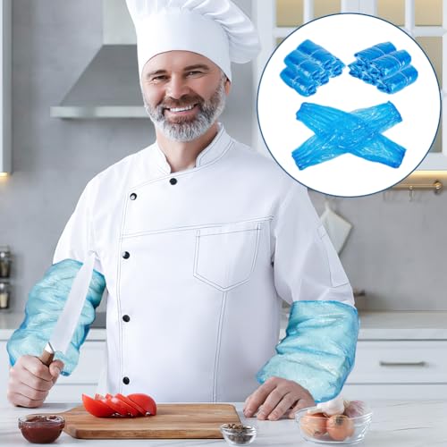 AHANDMAKER 200 Pcs Plastic Arm Sleeves Waterproof Protective Cover 15.43in Long Disposable Sleeve Protectors for Cleaning Painting Cooking Decoration, Deep Sky Blue