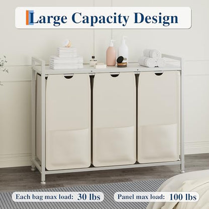 Garvee Laundry Basket Organizer, Laundry Hamper with Shelf & 3 Pull-Out Removable Oxford Fabric Bags, 3 x 12.8 Gal (48.5L), Dirty Clothes Basket Organizer for Laundryroom, Bathroom, Bedroom