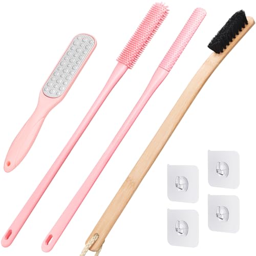 4 Pack Toe Cleaning Brush Set,Long Handle Bath Toe Brush Scrubber Bathroom for Seniors Elderly Men and Women (Pink) - color: Pink