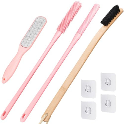 4 Pack Toe Cleaning Brush Set,Long Handle Bath Toe Brush Scrubber Bathroom for Seniors Elderly Men and Women (Pink) - color: Pink