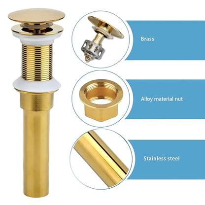 Rockgoya Bathroom Sink Drain, Gold Drain Stopper Bathroom Sink Without Overflow,Pop Up Drain Assembly with Detachable Strainer Basket,Built-in Anti-Clogging Strainer,Stainless Steel - color: Gold, style: Without Overflow