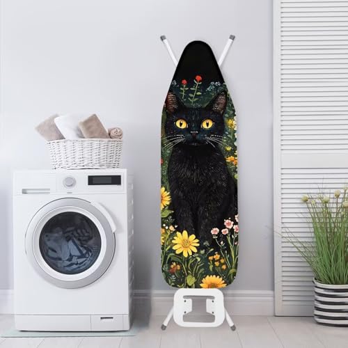 Iron Board Cover,Black Cat Flower 15x54 Inch Standard Ironing Board Cover with Elastic Edge,Home Decoration Table Top Ironing Board Cover - color: Black Cat Flower Print