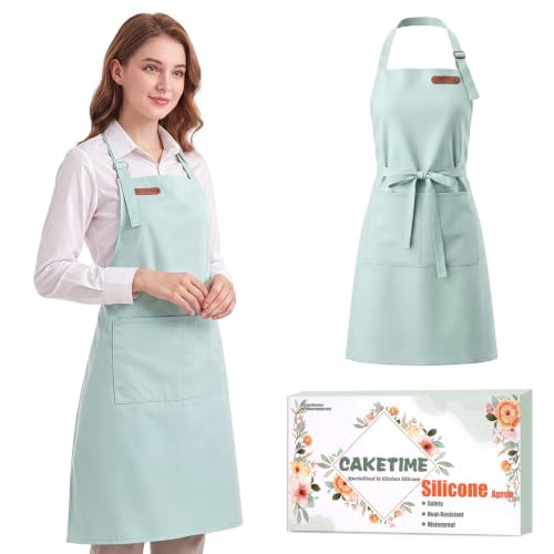 CAKETIME Colorful Aprons Made by Silicone Coated Polyester Fabric Waterproof Oilproof for Women Cooking Funny Gifts - color: Green