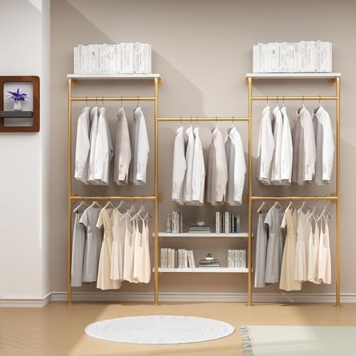 HOMEKAYT Industrial Pipe Clothes Rack with Shelves, Gold Clothing Rack Wall Mounted Heavy Duty Multi-Purpose Storage Clothes Hanging Shelf - 94.5''L Gold - color: gold, size: 94.5''L-B