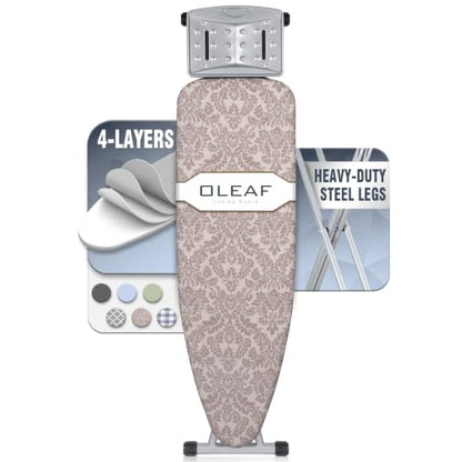 oleaf Ironing Board with Cover and Thicken Pad Height Adjustable Full Size Foldable Iron Board with Iron Rest, Stable Steel Legs, Metal Construction, Heat Resistant, Damascus - color: Damascus
