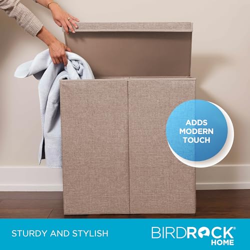 BirdRock Home Double Laundry Hamper with Lid and Removable Liners | Linen | Easily Transport Laundry | Foldable Hamper | Cut Out Handles