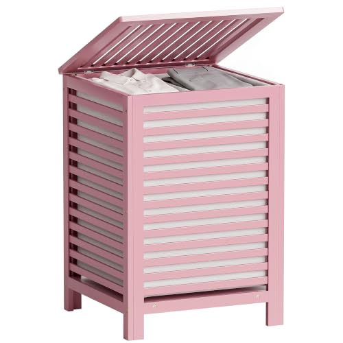 SMIBUY Double Laundry Hamper with Lid, 120L Bamboo Laundry Basket with Removable Liner Bag, 2-Section Clothes Divider Laundry Sorter for Laundry Room, Bathroom, Bedroom (Pink) - color: Pink