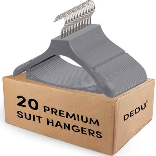 DEDU Suit Hangers for Men 20 Pack, Grey Coat Hangers Extra Wide Non Slip Width 17.7", Thick Plastic with Pants Bar & Metal Hook - color: Gray, size: 20 Pack