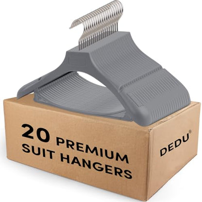 DEDU Suit Hangers for Men 20 Pack, Grey Coat Hangers Extra Wide Non Slip Width 17.7", Thick Plastic with Pants Bar & Metal Hook - color: Gray, size: 20 Pack