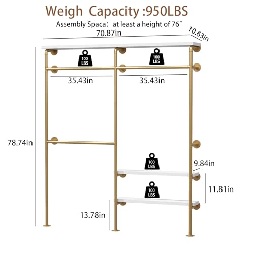 HOMEKAYT Industrial Pipe Clothes Rack with Shelves, Gold Clothing Rack Wall Mounted Heavy Duty Multi-Purpose Storage Clothes Hanging Shelf - 70.8''L Gold - color: gold, size: 70.8''L-A