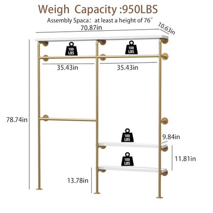 HOMEKAYT Industrial Pipe Clothes Rack with Shelves, Gold Clothing Rack Wall Mounted Heavy Duty Multi-Purpose Storage Clothes Hanging Shelf - 70.8''L Gold - color: gold, size: 70.8''L-A