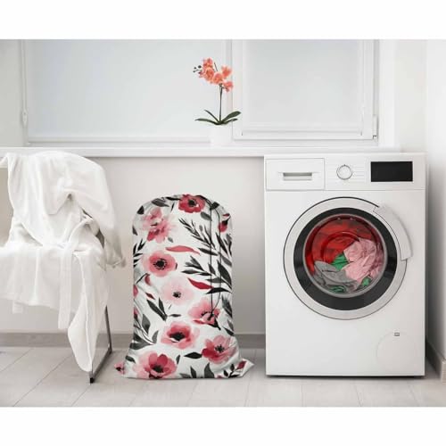 Swono Watercolor Sketch Poppy Large Laundry Bag Washable Large Dirty Clothes, Leaf Repeating Pattern Drawstring Organizer Bag, Fit Hamper Basket Camp Travel Home Dorm, Pink Black - color: Watercolor Sketch Poppy