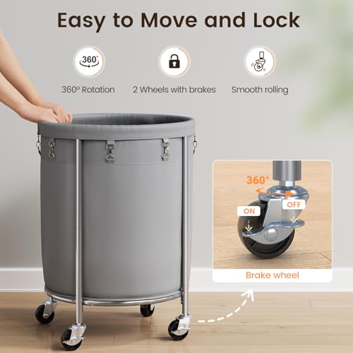 ELYKEN Laundry Basket with Wheels, Round Rolling Laundry Hamper, Gray - color: Gray, size: 190L