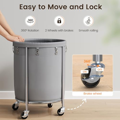 ELYKEN Laundry Basket with Wheels, Round Rolling Laundry Hamper, Gray - color: Gray, size: 190L