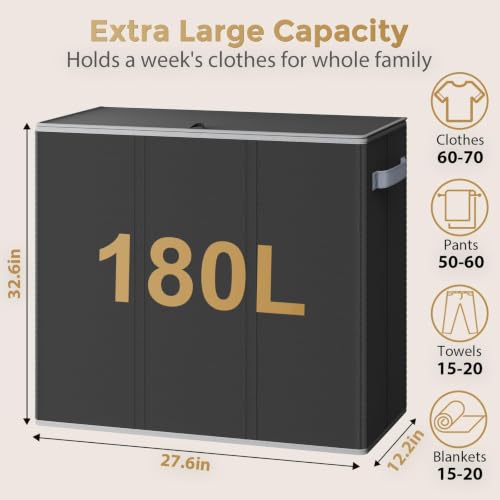 Optish 180L Laundry Hamper 3 Section, Large Hamper with Mesh Bags & Lid - color: Black