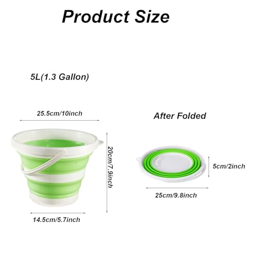 Collapsible Bucket 1.3 Gallon 5L Water Bucket for Cleaning Foldable Portable Plastic Mop Bucket with Handles Indoor Household Outdoor Car Wash Camping Fishing (Pack of 2) - color: Green, size: 5L (Pack of 2)