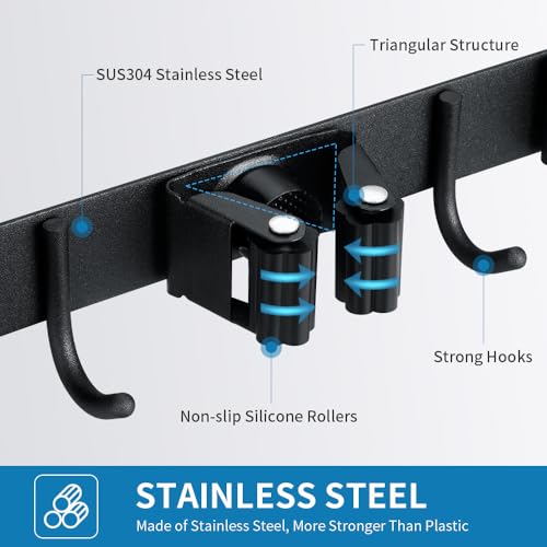 2 Pack Broom Hanger and Mop Holder, Heavy Duty Garden Tool Organizer Rack Rake and Shovel Handle, Stainless Steel Wall Mounted Utility Rack with Screws (3 Racks with 4 Hooks, Matte Black). - color: 2 Pack, size: 3R4H