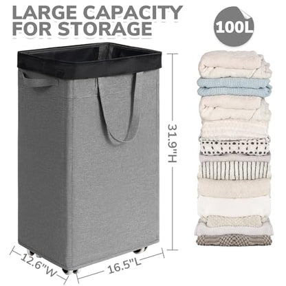 CHICVITA 100L Slim Laundry Basket with Wheels & Wash Bag, Light Grey - color: Light Grey, size: 100L (16.5"L x 12.6"W x 29.5"H)