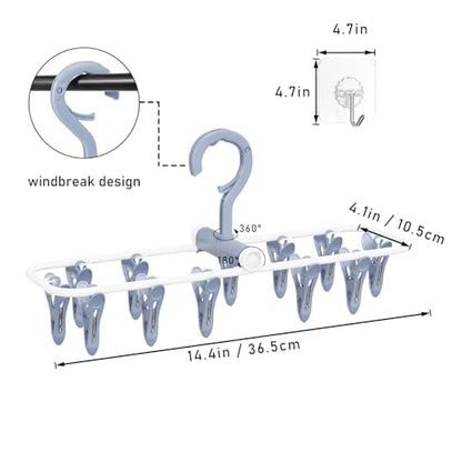 Clothes Drying Hanger with 12 Clips, 2 Pack Folding Portable Hanging Drying Rack,Drip Foldable Hanging Rack, 360° Rotatable Hook for Drying Towels Bras Baby Clothes Gloves Plastic(Blue&Purple) - color: Blue and Purple