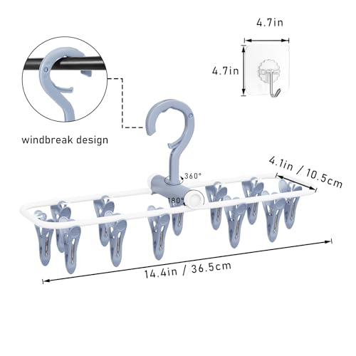 Clothes Drying Hanger with 12 Clips, 2 Pack Folding Portable Hanging Drying Rack,Drip Foldable Hanging Rack, 360° Rotatable Hook for Drying Towels Bras Baby Clothes Gloves Plastic(Blue&Purple) - color: Blue and Purple