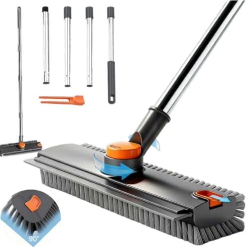 Floor Scrub V Brush with Long Handle, 4 in 1 Multi-Angle Swivel Right Angled Bristle Floor Scrubber Brush with Squeegee and Tweezer for Cleaning Tile Wall Deck Bathroom Patio Garage Kitchen