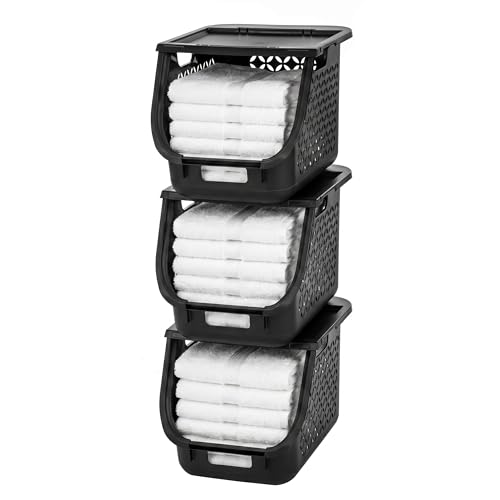IRIS USA Laundry Basket Hamper, 40L - 3 Pack, Sorter Bin with Lids, Black - color: Black