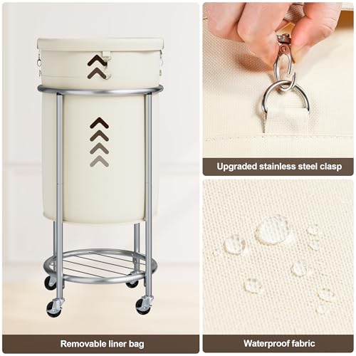 ELYKEN Laundry Basket with Wheels, Round Rolling Laundry Hamper, Cream - color: Cream, size: 110L