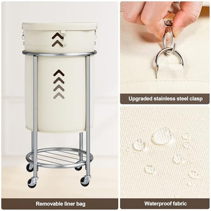 ELYKEN Laundry Basket with Wheels, Round Rolling Laundry Hamper, Cream - color: Cream, size: 110L