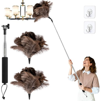 Extendable Ostrich Feather Duster for Cleaning with 49 inch Rotatable Pole - color: 49in-brown