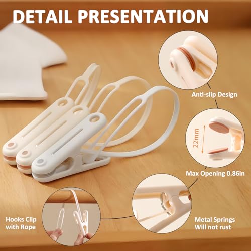 PURIPUFF 24 Pack Clothes Pins Clothes Peg Clip Pins with Plastic Rope for Clothesline Drying Clothing Clips Hooks Windproof Clothes Hanger for Hanging Socks Hats Pants Bras Underwears Towel Photo