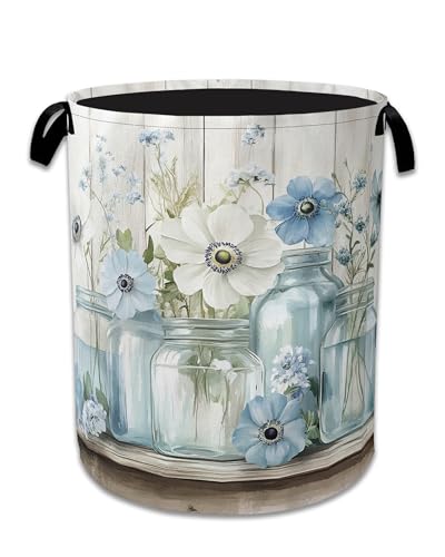 Flowers Laundry Basket,Foldable Oxford Cloth Vintage Wooden Board Laundry Hamper with Handles, 20.8"x16" Tote Bag Clothes Storage Bucket for Laundry Room/Bathroom/Bedroom/Dormitories - color: Flowers Vintage Wooden Board