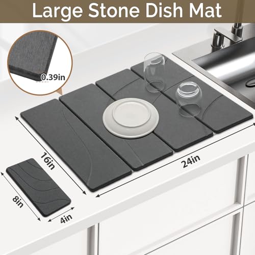 Large Stone Dish Drying Mat for Kitchen Counter, 2 PCS Quick Dry Stone Mats, Foldable Water Absorbing Diatomaceous Earth Drying Dishes Pad for Countertop Bottle Utensil Cup(Carved Gray 24"x16"&8"x4") - color: Carved Gray, size: 24" x 16"