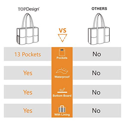 TOPDesign Utility Water Resistant Tote Bag with 13 Pockets, Zipper Closure - color: Baroque Cloves, size: Medium