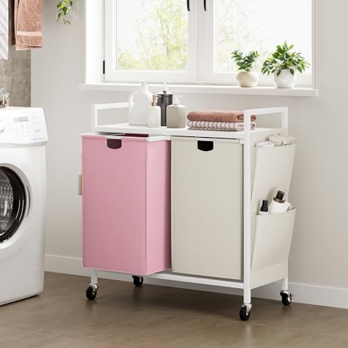WOWLIVE Double Laundry Hamper with Wheels, Rolling Laundry Basket Organizer - color: White and Pink, size: 110l (30.0 x 13 x 32 Inches)