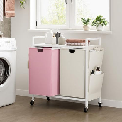 WOWLIVE Double Laundry Hamper with Wheels, Rolling Laundry Basket Organizer - color: White and Pink, size: 110l (30.0 x 13 x 32 Inches)