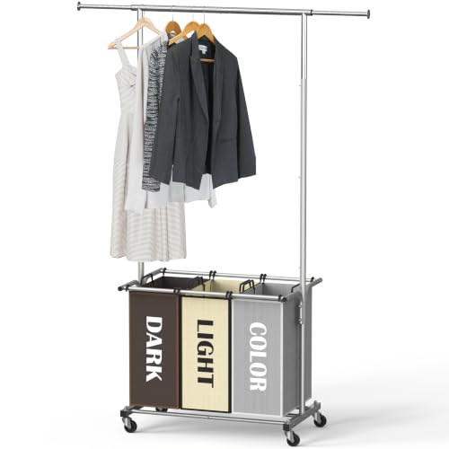 Simple Houseware 3 Bags Laundry Sorter Cart with Hanging Rod, Multi Color - color: Multi