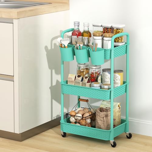 MOYIPIN 3-Tier Plastic Rolling Utility Cart with Handle,Turquoise - color: Turquoise, size: 3-Tiers with cups
