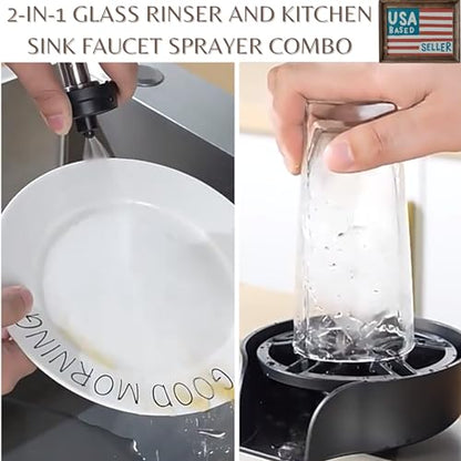 2-in-1 Glass Rinser & Sink Sprayer Attachment – High Pressure Cup Washer for Kitchen Sink – Matte Black Bottle Cleaner -Stainless Steel Cup Cleaner (Fits Standard Counter Holes) - color: Black
