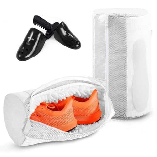 2PCS XXL Shoe Washing Machine Bag with Adjustable Shoes Trees - Heavy Duty Reusable Shoe Laundry Bag for Washer and Dryer - 360° Deep Clean & Protect Chenille Microfiber Sneakers Wash Bags - White - color: White