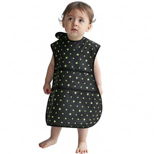 Plie Full Coverage Waterproof Feeding Bib for Toddlers – Extra Long Apron Bib for Mealtime, Self-Feeding, High Chairn - color: Green Star