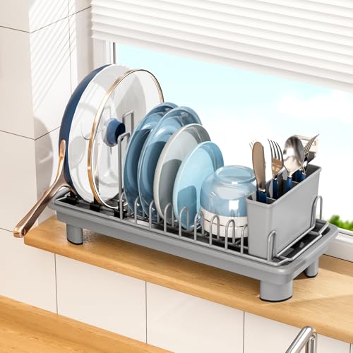 Compact Dish Drying Rack with Utensil Holder – Small Countertop Dish Drainer with 360° Rotating Drain Spout, Stainless Steel Dish Rack for Kitchen Sink, Space-Saving Design for Small Kitchen , Grey - color: Gray