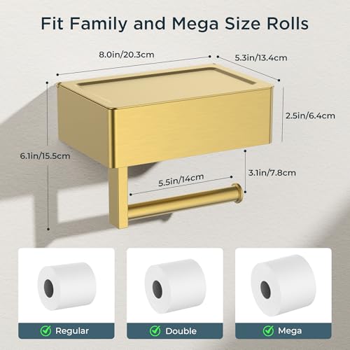 FORIOUS Toilet Paper Holder with Shelf, Wall-Mounted Modern Wipes Dispenser - color: Brushed Gold, size: Big 2 Pack-8" (L)