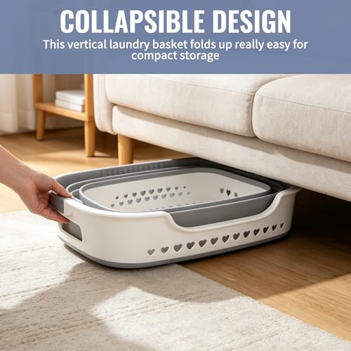 2 Pcs Collapsible Laundry Baskets, 43L Plastic Laundry Hamper for Dirty Clothes Dorm Bedroom, Space Saving Pop-Up Laundry Hamper Container, Foldable Durable Laundry Basket with Handle