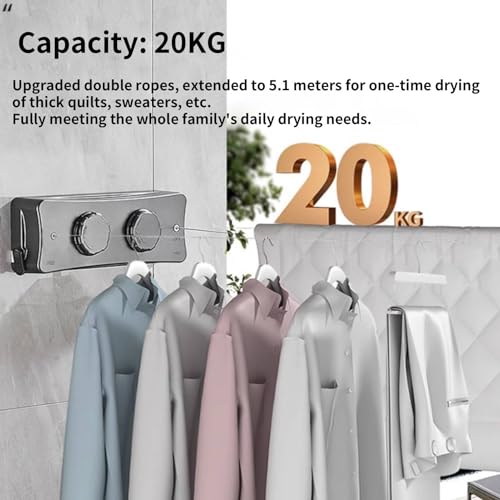 Retractable Clothesline, Dual-Line Stainless Steel Clothes Line Wall Mounted Drying Rack with Auto-Lock and Non-Sagging Design for Indoor and Outdoor 16.7ft*2