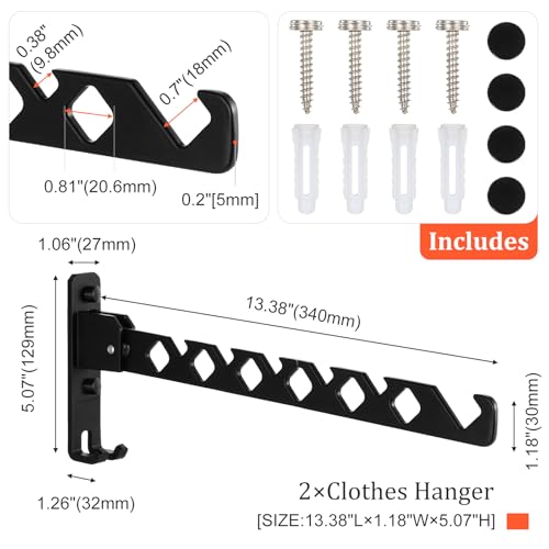 2 Pack Wall Mount Coat Hanger Holder Black Clothes Drying Organizer Rack Garment Hooks Aluminium Retractable Folding Indoor Wall Mounted Hanger Space Saver for Laundry Room Bedroom Black