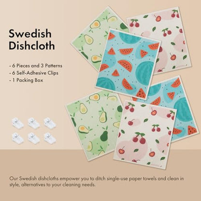 Swedish Dishcloths for Kitchen, 6 Pack Fruit Swedish Dish Towels with Clips, Reusable Paper Towels Washable Non-Scratch Super Absorbent Cellulose Sponge Cloths, Biodegradable No Odor - color: Fruit